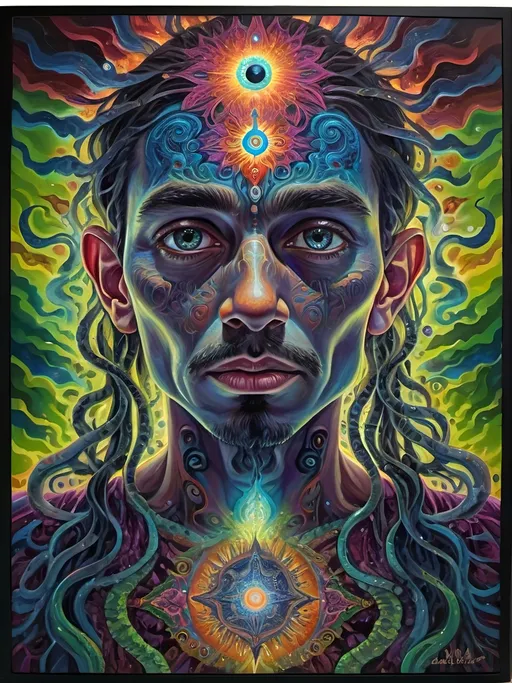 Prompt: Psychedelic portrait , vibrant colors, visionary art, intricate details, spiritual atmosphere, oil painting, high quality, poster art, DMT influence, intense energy, mind-expanding, spiritual journey, detailed eyes, vibrant surrealism, detailed brushwork, professional, atmospheric lighting