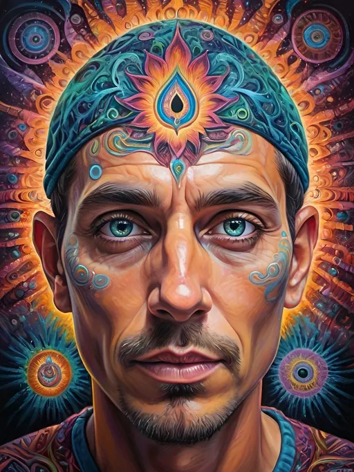 Prompt: Psychedelic portrait , vibrant colors, visionary art, intricate details, spiritual atmosphere, oil painting, high quality, poster art, DMT influence, intense energy, mind-expanding, spiritual journey, detailed eyes, vibrant surrealism, detailed brushwork, professional, atmospheric lighting