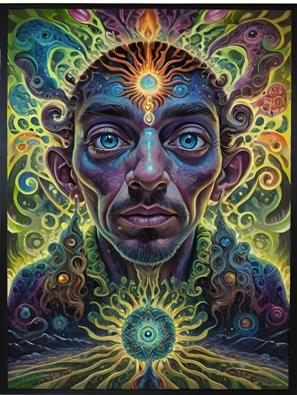 a man with animal eyes all over his face,psychedelic