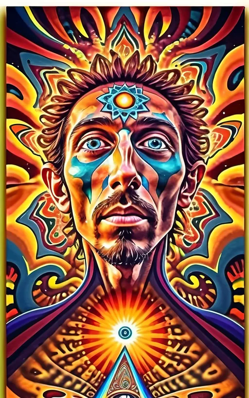 Prompt: Psychedelic portrait , face is a portal, vibrant colors, visionary art, intricate details, spiritual atmosphere, oil painting, high quality, poster art, DMT influence, intense energy, mind-expanding, spiritual journey, detailed eyes, vibrant surrealism, detailed brushwork, professional, atmospheric lighting