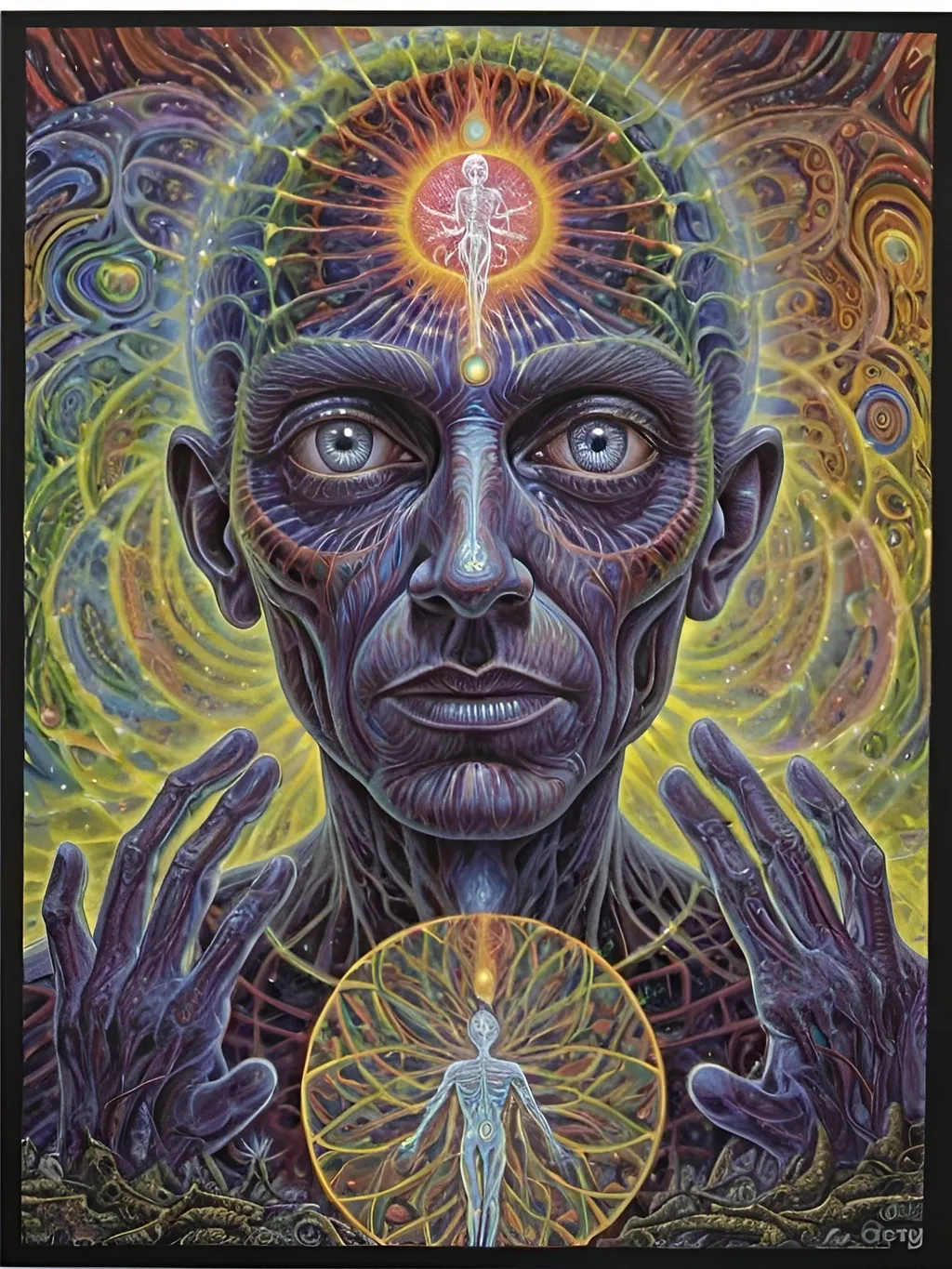 Prompt: a painting of a man , Alex Grey, psychedelic art, dmt, poster art