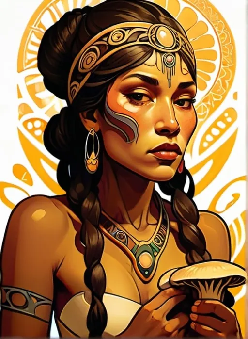 Prompt: Alphonse Mucha Style, art nouveau illustration of a  Maori dark skinner woman, enveloped by mushrooms, thick lines, intricate details, beautiful colors, vibrant yellow background, pop surrealism, inspired by Derek Zabrocki, , professional art style, high art quality, detailed facial features,  colorful and vibrant, surreal, , intricate patterns, bright color tones, atmospheric lighting