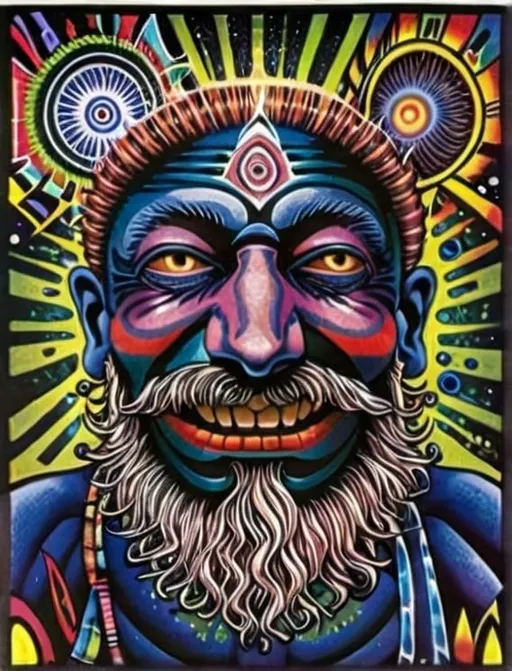 Prompt: a painting of a man with a beard and a face with many different colors and shapes on it, , Alex Grey, psychedelic art, dmt, poster art