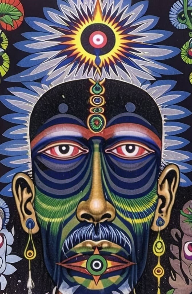 Prompt: a drawing of a man with a head full of eyes and a third eye in the center of the image, Alex Grey, psychedelic art, sacred geometry, a detailed drawing