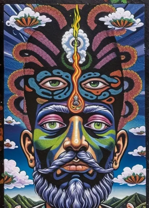 Prompt: a painting of a man with a strange head and a lot of clouds in the background of the painting, Dalí, surrealism, surrealist, a surrealist painting, Donato Giancola, pop surrealism, extremely detailed oil painting, a character portrait surreal surroundings, acrylic painting, psychedelic art, detailed facial features, intense colors, intricate patterns, surreal landscape, high quality, vibrant color palette, surrealism, detailed beard, psychedelic style, ethereal lighting