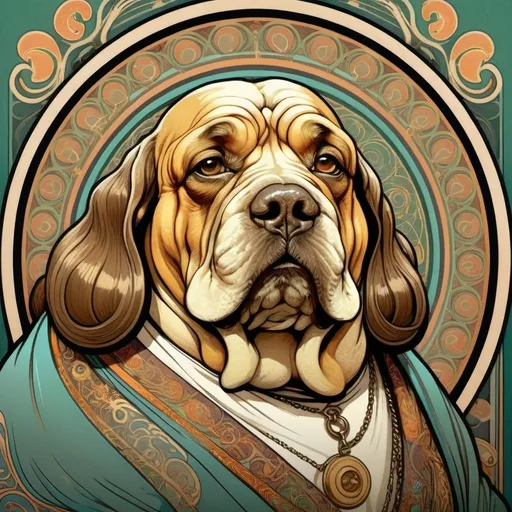 Prompt: Alphonse Mucha Style, art nouveau illustration of an old fat snoop dog
, thick lines, intricate details, beautiful colors
