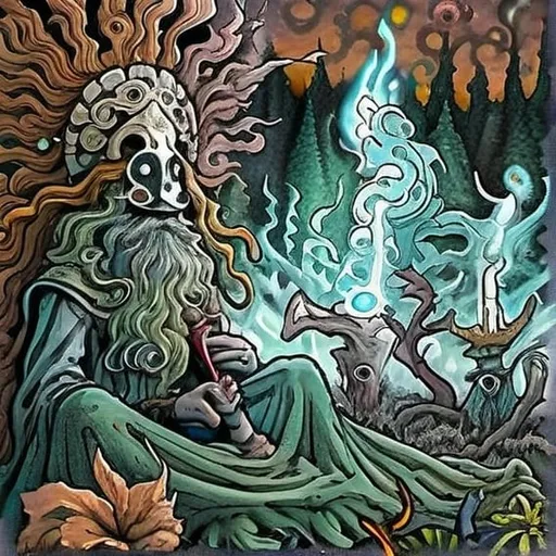 Prompt: Psychedelic oil painting of Anato Finnstark in a forest clearing, holding a long pipe, surrounded by diverse characters, surreal cityscape visible through the trees, vibrant and vivid colors, detailed facial features, intricate patterns on clothing, high quality, oil painting, psychedelic, surreal, forest setting, diverse characters, vibrant colors, vivid, detailed facial features, intricate patterns, atmospheric lighting