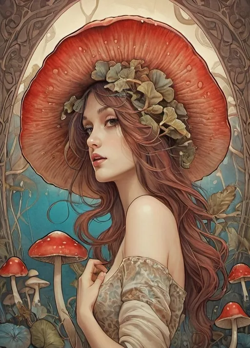Prompt: a woman with a red mushroom hat  standing in front of mushrooms and a blue background, Anna Dittmann, fantasy art, trending on art station, a fine art painting