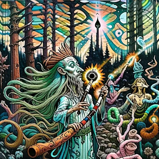 Prompt: Psychedelic oil painting of Anato Finnstark in a forest clearing, holding a long pipe, surrounded by diverse characters, surreal cityscape visible through the trees, vibrant and vivid colors, detailed facial features, intricate patterns on clothing, high quality, oil painting, psychedelic, surreal, forest setting, diverse characters, vibrant colors, vivid, detailed facial features, intricate patterns, atmospheric lighting