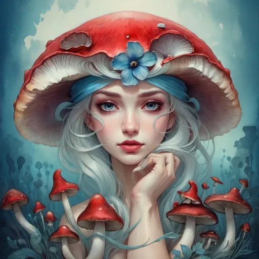 Prompt: a woman with a red hat and flowers on her head is standing in front of mushrooms and a blue background, Anna Dittmann, fantasy art, trending on art station, a fine art painting