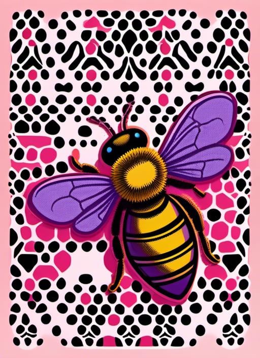 Prompt: a drawing of a bee with a pink background and a purp<mymodel>le background with a pattern of swirling shapes and a large bee, Dan Hillier, psychedelic art, psychedelic, poster art