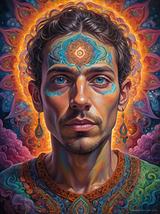 Prompt: Psychedelic portrait , vibrant colors, visionary art, intricate details, spiritual atmosphere, oil painting, high quality, poster art, DMT influence, intense energy, mind-expanding, spiritual journey, detailed eyes, vibrant surrealism, detailed brushwork, professional, atmospheric lighting