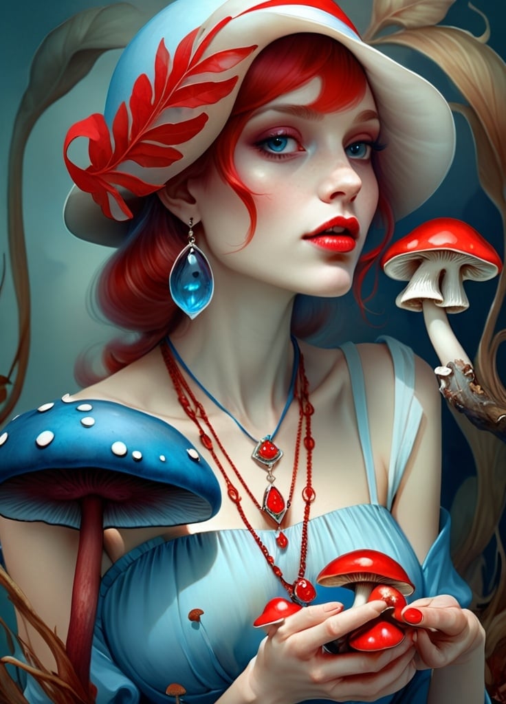 Prompt: a woman with a red hat and a blue dress holding a mushroom in her hands and a red necklace, Anna Dittmann, fantasy art, highly detailed digital painting, a photorealistic painting