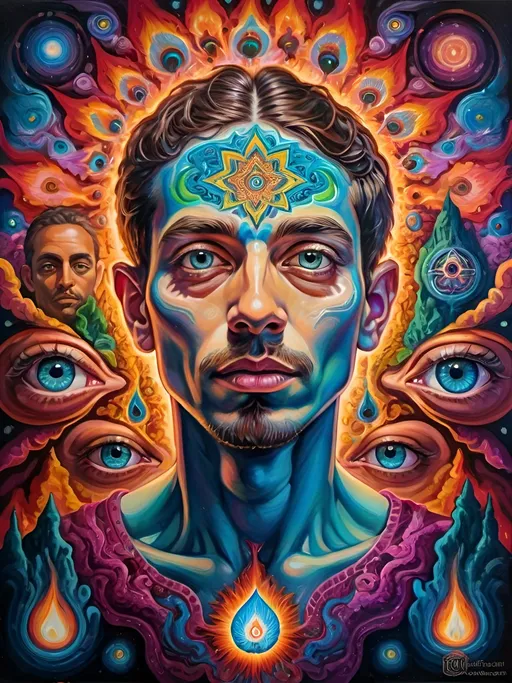 Prompt: Psychedelic portrait , vibrant colors, visionary art, intricate details, spiritual atmosphere, oil painting, high quality, poster art, DMT influence, intense energy, mind-expanding, spiritual journey, detailed eyes, vibrant surrealism, detailed brushwork, professional, atmospheric lighting