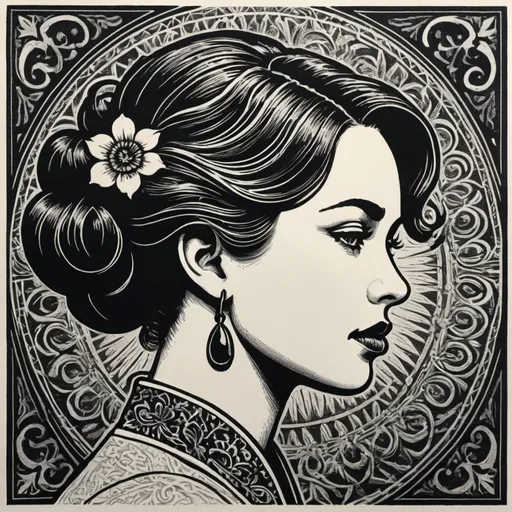 Prompt: linocut of a woman, bold linework, traditional printmaking, vintage style, elegant pose, black and white, high contrast, detailed hair, intricate patterns, classic art style, handmade aesthetic, refined shading, vintage print, high quality, vintage, classic, black and white, traditional, detailed linework, elegant, handmade, high contrast, intricate patterns, vintage printmaking, refined shading