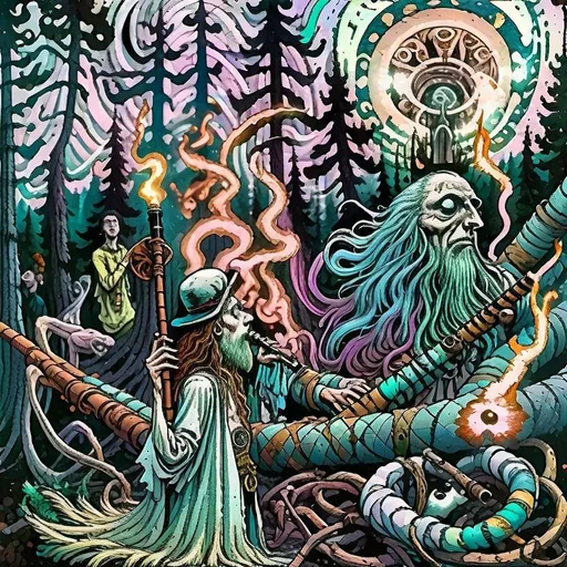 Prompt: a painting of a man with a long pipe and other people around him in a forest with a fire and a city, Anato Finnstark, psychedelic art, elden ring, an album cover