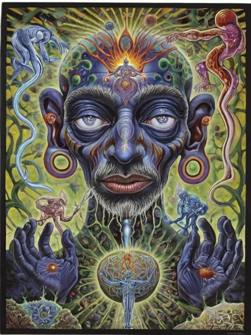 Prompt: a painting of a man , Alex Grey, psychedelic art, dmt, poster art