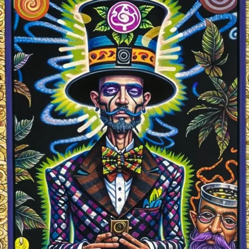 Prompt: a painting of a man in a top hat and purple suit with a bow tie and a top hat, Donato Giancola, pop surrealism, extremely detailed oil painting, a character portrait surreal surroundings, acrylic painting, psychedelic art, detailed facial features, intense colors, intricate patterns, surreal landscape, high quality, vibrant color palette, surrealism, detailed beard, psychedelic style, ethereal lighting