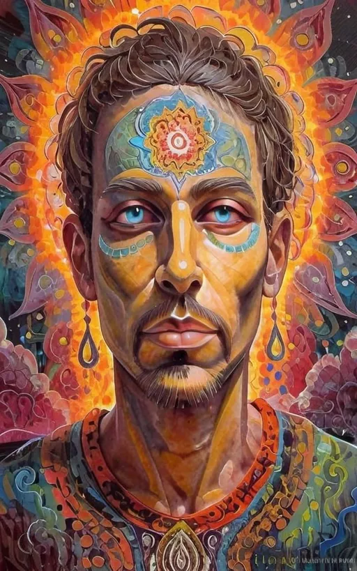 Prompt: man with sunflower face paint, halo around head, Alex Grey inspired, psychedelic art, DMT, detailed painting, vibrant colors, high quality, surreal, spiritual, psychedelic, detailed face paint, vibrant aura, intense gaze, oil painting, halo, trippy, detailed eyes