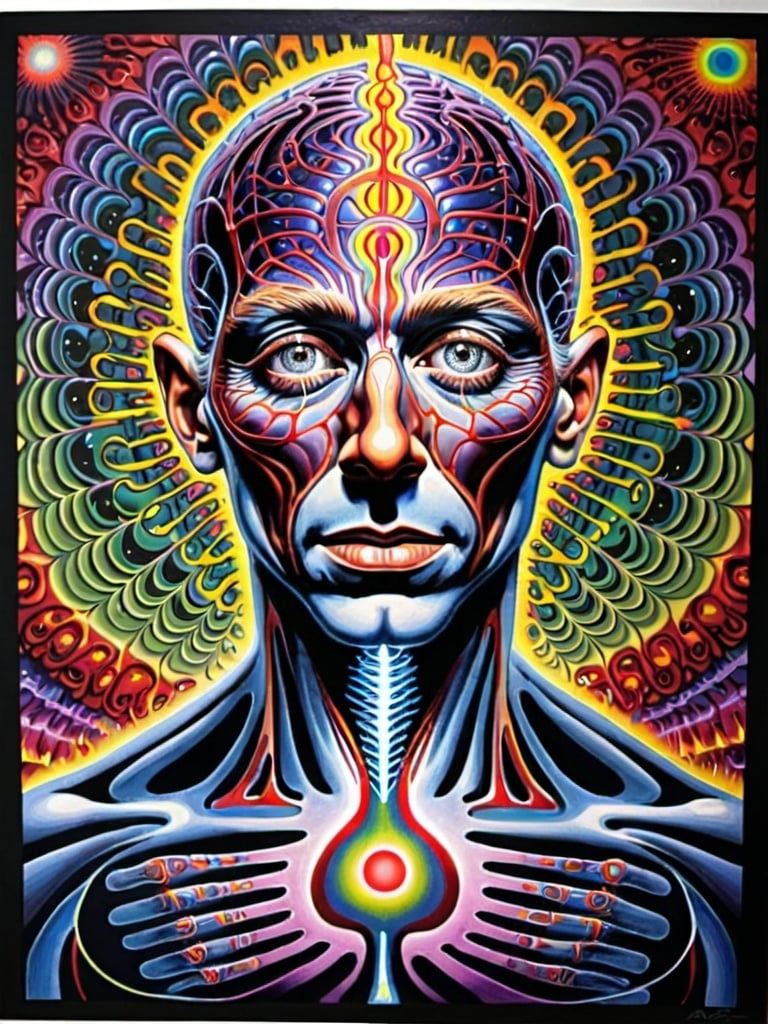 Prompt: a painting of a man , Alex Grey, psychedelic art, dmt, poster art