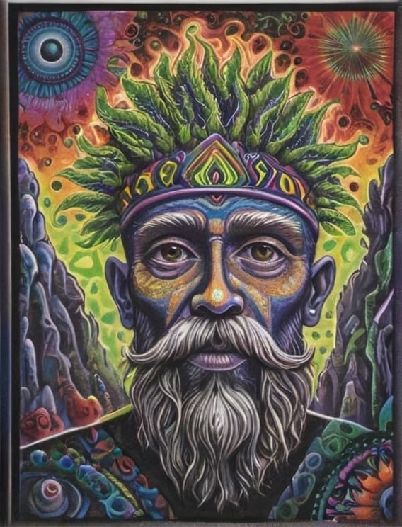 Prompt: a painting of a man with a beard and a face with many different colors and shapes on it, , Alex Grey, psychedelic art, dmt, poster art