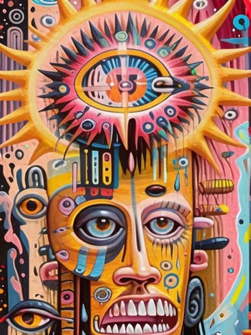 Prompt: man with sunflower face paint, halo around head, Alex Grey inspired, psychedelic art, DMT, detailed painting, vibrant colors, high quality, surreal, spiritual, psychedelic, detailed face paint, vibrant aura, intense gaze, oil painting, halo, trippy, detailed eyes