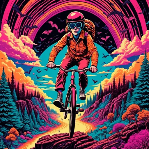 Prompt: psychedelic poster<mymodel>, retro, man on unicycle looks lie Quentin Tarantino chased by big black bats wearing night vision goggles. therough a canyon of giant pine trees


