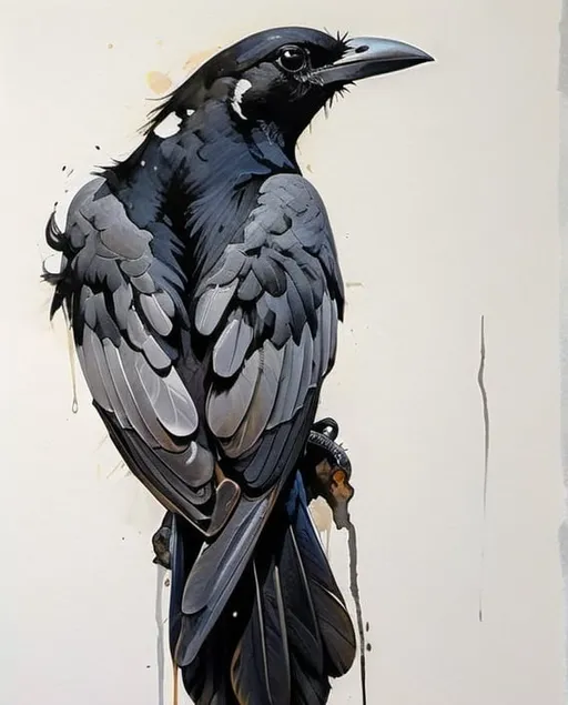 Prompt: a drawing of a bird with a black head and wings on a white background with a gray background and a black and white background, Aileen Eagleton, figurativism, in gouache detailed paintings, a watercolor painting