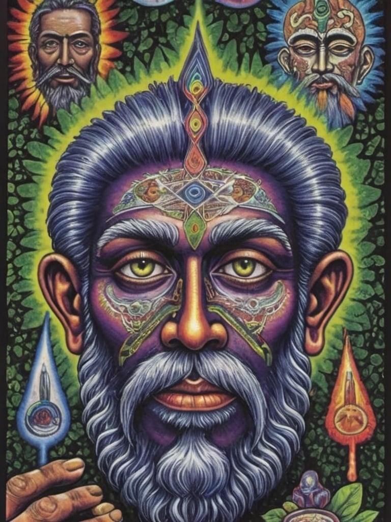 Prompt: a painting of a man with a beard and a face with many different colors and shapes on it, surrounded by other things, Alex Grey, psychedelic art, dmt, poster art