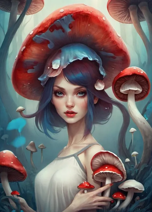 Prompt: a woman with a red mushroom hat  standing in front of mushrooms and a blue background, Anna Dittmann, fantasy art, trending on art station, a fine art painting