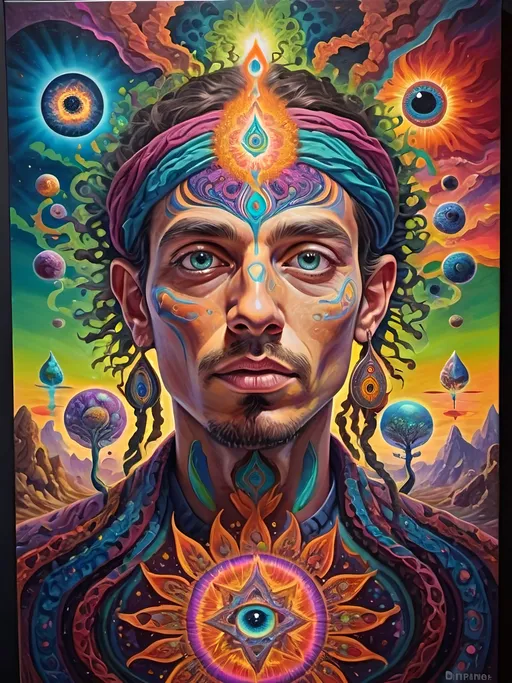 Prompt: Psychedelic portrait , vibrant colors, visionary art, intricate details, spiritual atmosphere, oil painting, high quality, poster art, DMT influence, intense energy, mind-expanding, spiritual journey, detailed eyes, vibrant surrealism, detailed brushwork, professional, atmospheric lighting