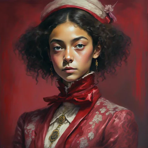 Prompt: <mymodel>Victorian very brown skinned Maori female, willy wonka, fear and loathing in Las Vegas style, ruby red colored onesie jump suit, portrait, oil painting, ornate Victorian attire, elegant posture, detailed facial features, vintage ambiance, high quality, realistic, oil painting, detailed eyes, soft color palette, warm and soft lighting