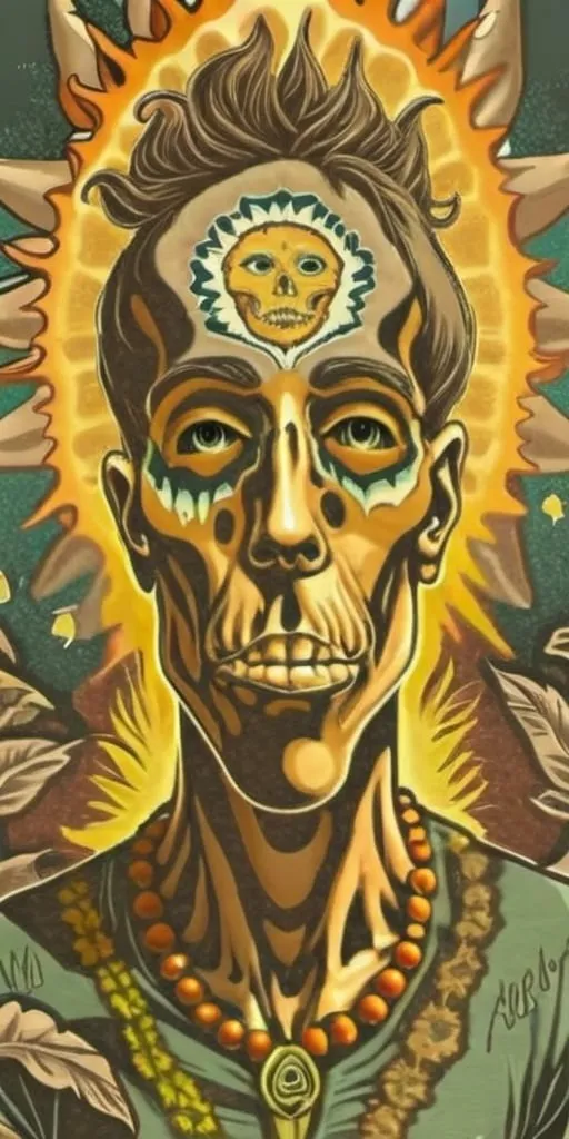 Prompt: man with sunflower face paint, halo around head, Alex Grey inspired, psychedelic art, DMT, detailed painting, vibrant colors, high quality, surreal, spiritual, psychedelic, detailed face paint, vibrant aura, intense gaze, oil painting, halo, trippy, detailed eyes