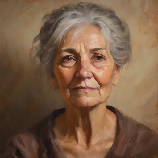 Prompt: Oil painting of an older woman, visible strokes, rough edges, muted colors, warm lighting, neutral backdrop, high quality, textured oil painting, warm tones, detailed facial features, traditional art style, visible brushstrokes, professional artist, atmospheric lighting