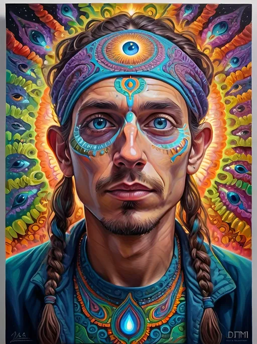 Prompt: Psychedelic portrait , vibrant colors, visionary art, intricate details, spiritual atmosphere, oil painting, high quality, poster art, DMT influence, intense energy, mind-expanding, spiritual journey, detailed eyes, vibrant surrealism, detailed brushwork, professional, atmospheric lighting