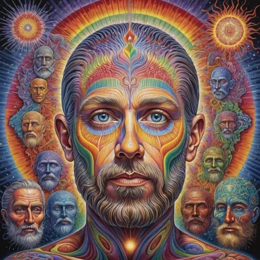 Prompt: a painting of a man with a beard and a face with many different colors and shapes on it, surrounded by other things, Alex Grey, psychedelic art, dmt, poster art