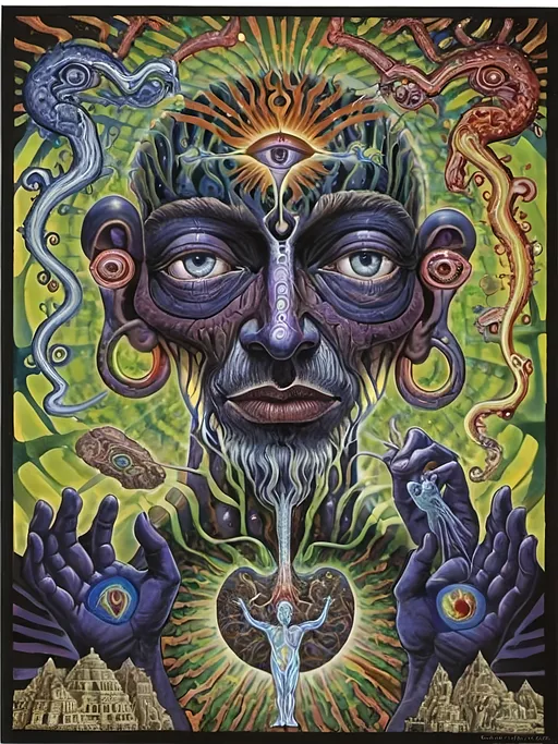 Prompt: a painting of a man , Alex Grey, psychedelic art, dmt, poster art