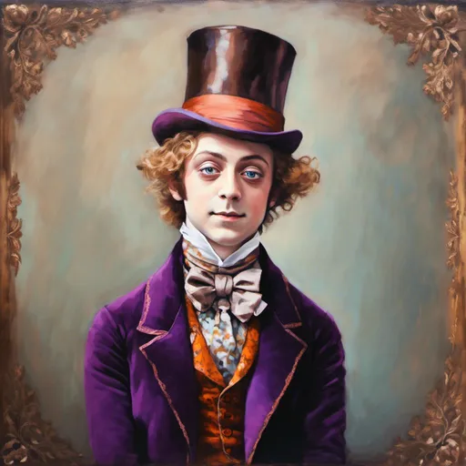 Prompt: <mymodel>Victorian willy Wonka  portrait, oil painting, ornate Victorian attire, intricate lace details, elegant posture, detailed facial features, vintage ambiance, high quality, realistic, oil painting, detailed eyes, soft color palette, warm and soft lighting