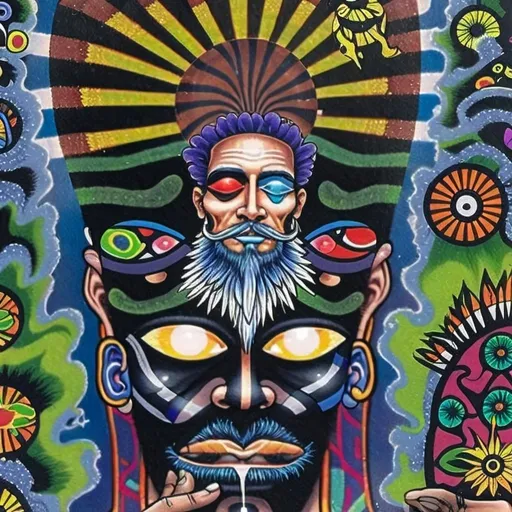 Prompt: Psychedelic painting , vibrant and varied facial patterns, surreal surroundings, acrylic painting, psychedelic art, detailed facial features, intense colors, intricate patterns, surreal landscape, high quality, vibrant color palette, surrealism, detailed beard, psychedelic style, ethereal lighting