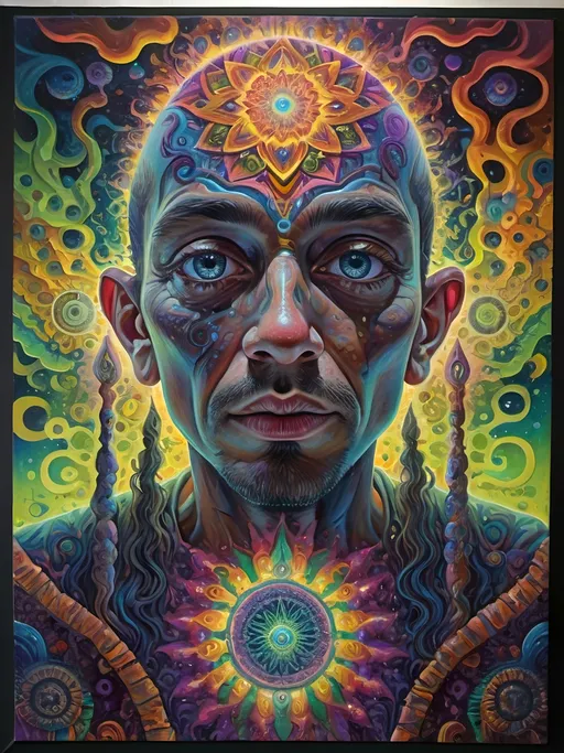 Prompt: Psychedelic portrait , vibrant colors, visionary art, intricate details, spiritual atmosphere, oil painting, high quality, poster art, DMT influence, intense energy, mind-expanding, spiritual journey, detailed eyes, vibrant surrealism, detailed brushwork, professional, atmospheric lighting