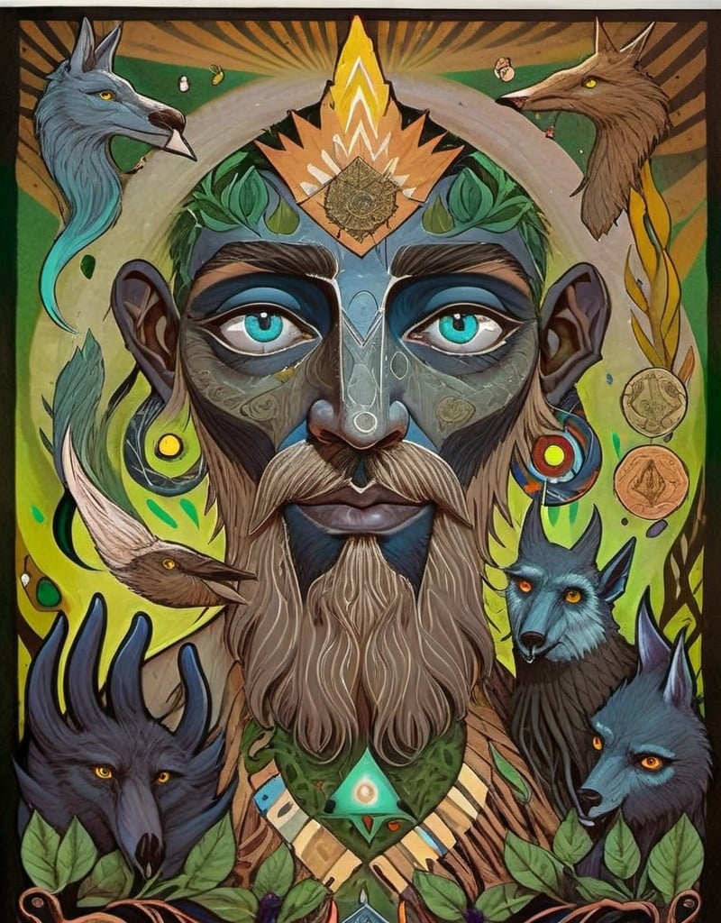 Prompt: a painting of a man with a beard and a blue face and hands, surrounded by other items and colors, Alex Grey, psychedelic art, dmt, a detailed painting