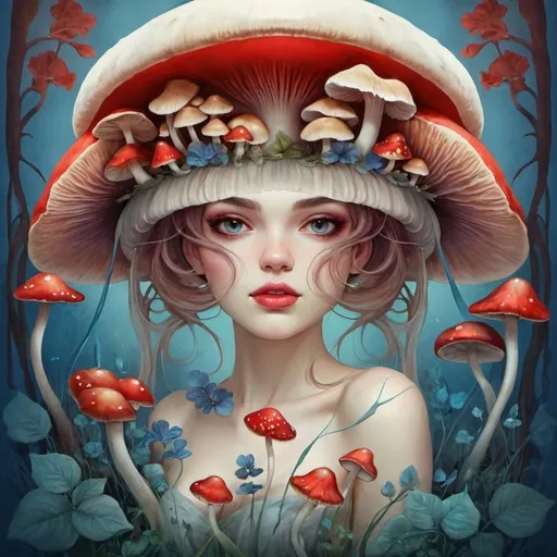 Prompt: a woman with a red hat and flowers on her head is standing in front of mushrooms and a blue background, Anna Dittmann, fantasy art, trending on art station, a fine art painting