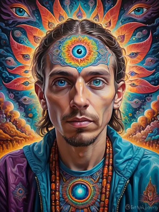 Prompt: Psychedelic portrait , vibrant colors, visionary art, intricate details, spiritual atmosphere, oil painting, high quality, poster art, DMT influence, intense energy, mind-expanding, spiritual journey, detailed eyes, vibrant surrealism, detailed brushwork, professional, atmospheric lighting