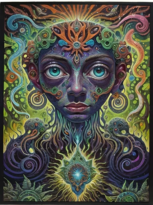 Prompt: Psychedelic portrait , vibrant colors, visionary art, intricate details, spiritual atmosphere, oil painting, high quality, poster art, DMT influence, intense energy, mind-expanding, spiritual journey, detailed eyes, vibrant surrealism, detailed brushwork, professional, atmospheric lighting