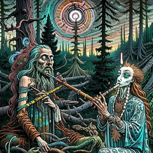 Prompt: Psychedelic oil painting of Anato Finnstark in a forest clearing, holding a long pipe, surrounded by diverse characters, surreal cityscape visible through the trees, vibrant and vivid colors, detailed facial features, intricate patterns on clothing, high quality, oil painting, psychedelic, surreal, forest setting, diverse characters, vibrant colors, vivid, detailed facial features, intricate patterns, atmospheric lighting