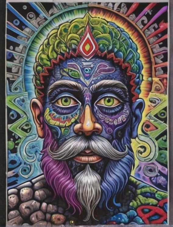 Prompt: a painting of a man with a beard and a face with many different colors and shapes on it, , Alex Grey, psychedelic art, dmt, poster art