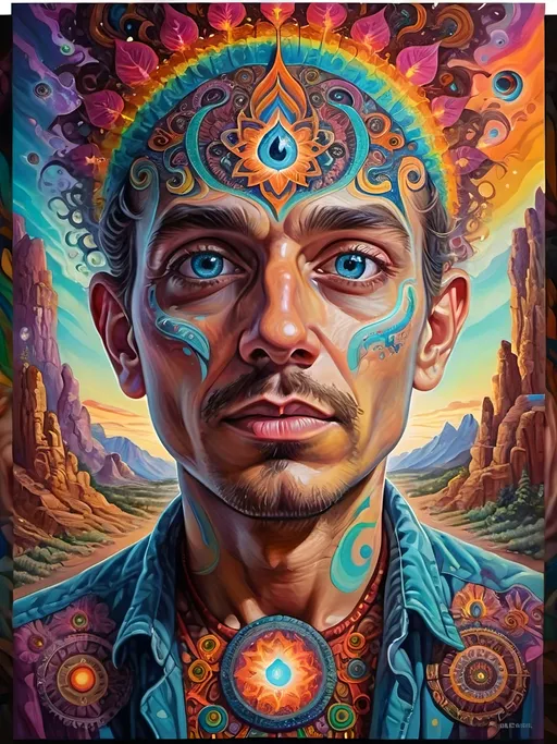 Prompt: Psychedelic portrait , vibrant colors, visionary art, intricate details, spiritual atmosphere, oil painting, high quality, poster art, DMT influence, intense energy, mind-expanding, spiritual journey, detailed eyes, vibrant surrealism, detailed brushwork, professional, atmospheric lighting