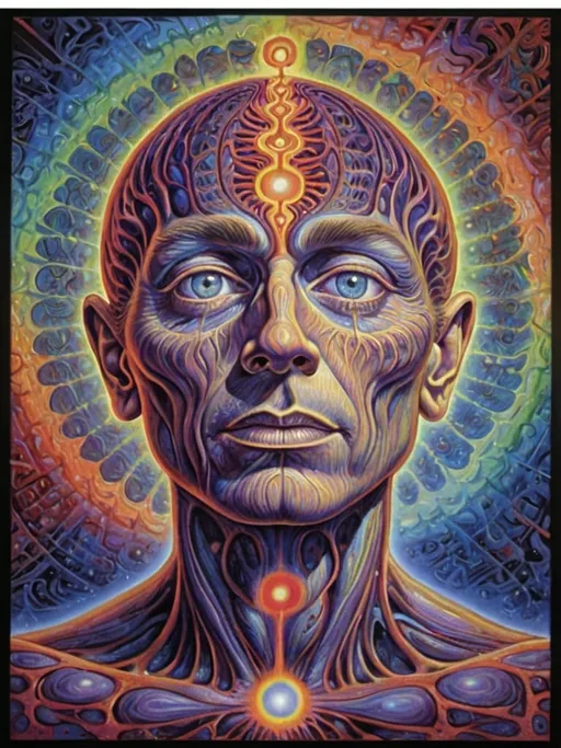 Prompt: a painting of a man , s, Alex Grey, psychedelic art, dmt, poster art