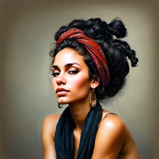 Prompt: Beautiful young Latin gypsy woman, festive costume, scarf around head, hoop earrings, bare feet), full lips, long brown black hair, alluring, night, by Egon Schiele, gustave dore, david mann, vintage photography,  beautiful,  tumblr aesthetic,  retro vintage style,  hd photography,  hyperrealism, graphite colored pencil drawing,  realistic,  natural, fine art, beautiful watercolor painting,  realistic,  detailed,  painting by olga shvartsur,  svetlana novikova,  fine art,  soft watercolor.
