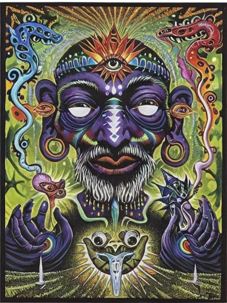 Prompt: a painting of a man with a beard and a face with many different colors and shapes on it, , Alex Grey, psychedelic art, dmt, poster art